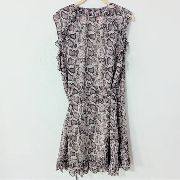 Allsaints Priya Snake Print Ruffle Pring Wrap Mini Dress Sleeveless Beige Large - Picture 5 of 11